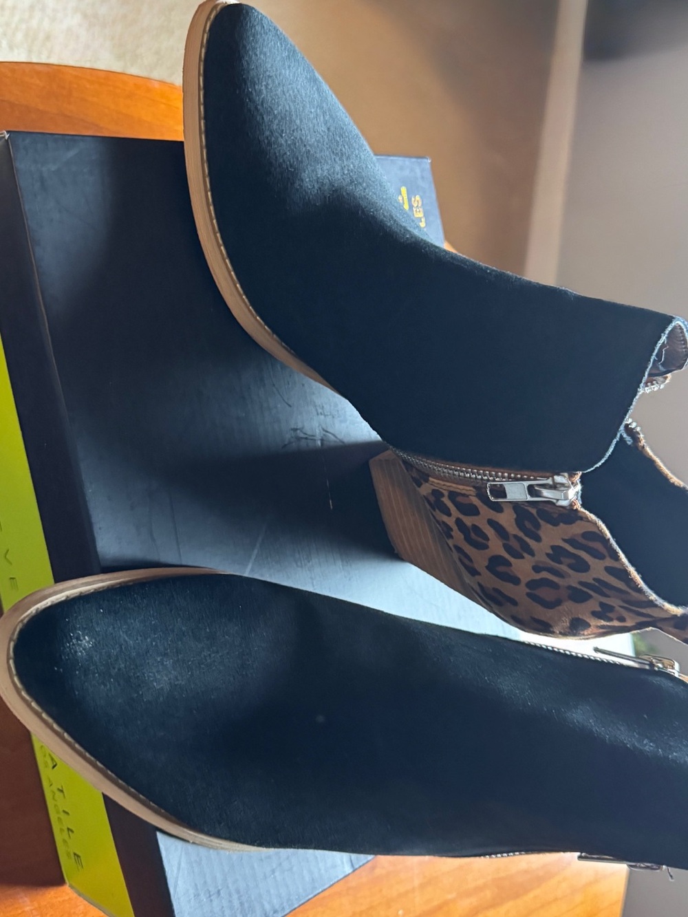 Very Volatile Black Suede Ankle Boots with Leopard Panel